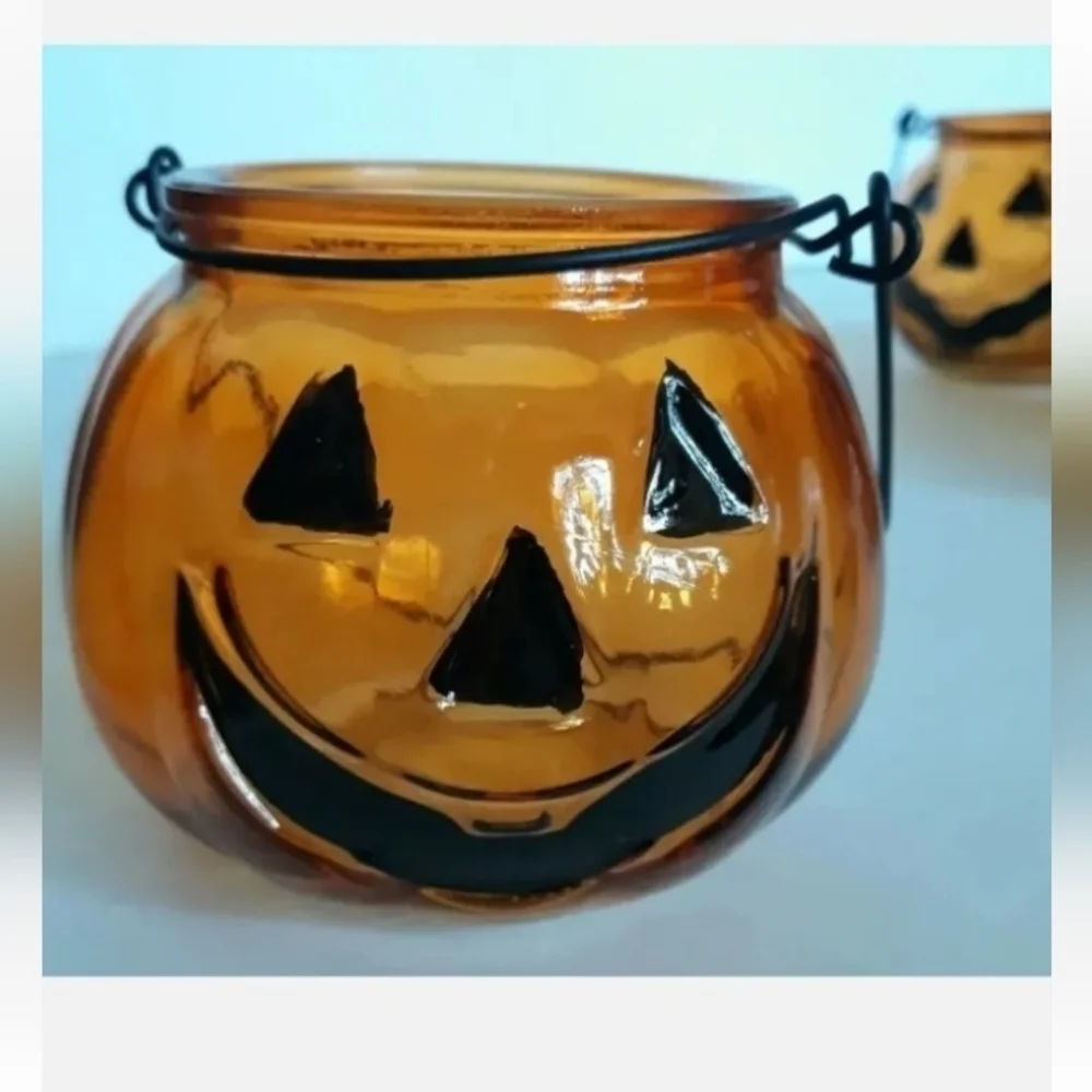 Glass Pumpkin Tealight Candleholders, 3x4-in. Vintage style Jack O' Lantern